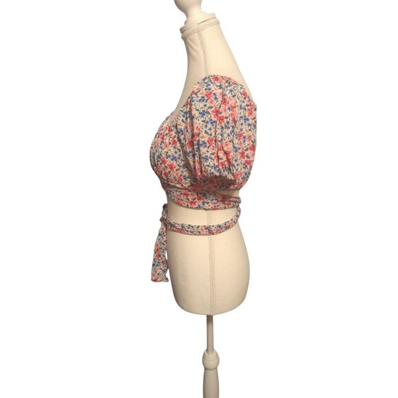 Altar'd State Pink Size Medium Floral Cropped Blouse With Puff Sleeve Tie Around - Picture 3 of 10